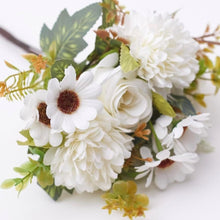 Load image into Gallery viewer, Mixed Artificial Silk Flower Bouquet - Rose, Dandelion, Daisy & Foliage (Cool White)