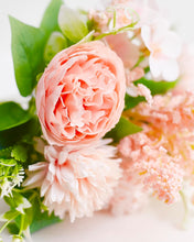 Load image into Gallery viewer, Silk Artificial Flower Bouquet - Philippine Roses, Peonies, Dandelion Flower Balls & Foliage (Coral Pink)