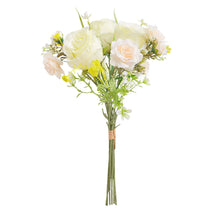Load image into Gallery viewer, Artificial Silk Rose & Foliage Bouquet (Pale Lemon & Soft Peach)