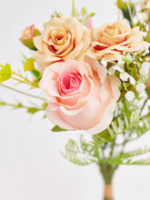 Load image into Gallery viewer, Artificial Silk Rose & Foliage Bouquet (Peach & Soft Orange)