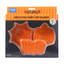 Load image into Gallery viewer, Halloween Cookie Cutters & Stamps - Happy Halloween (Set of 3)