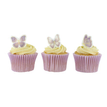 Load image into Gallery viewer, Lilac & Gold Butterflies Sugar Decorations - Pack of 16 (CLICK & COLLECT ONLY)