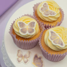 Load image into Gallery viewer, Lilac & Gold Butterflies Sugar Decorations - Pack of 16 (CLICK & COLLECT ONLY)