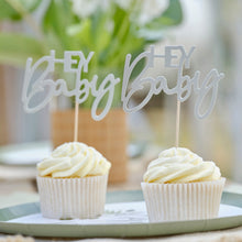 Load image into Gallery viewer, Hey Baby Sage Baby Shower Cupcake Toppers