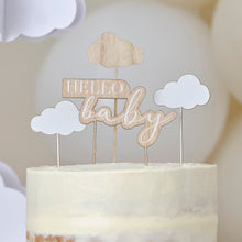 Load image into Gallery viewer, Wooden Hello Baby and Clouds Baby Shower Cake Topper