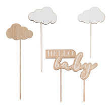 Load image into Gallery viewer, Wooden Hello Baby and Clouds Baby Shower Cake Topper