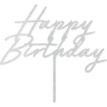 Load image into Gallery viewer, Silver Glitter Acrylic Happy Birthday Cake Topper
