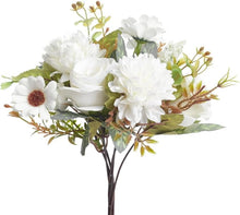 Load image into Gallery viewer, Mixed Artificial Silk Flower Bouquet - Rose, Dandelion, Daisy &amp; Foliage (Cool White)
