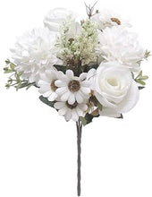 Load image into Gallery viewer, Mixed Artificial Silk Flower Bouquet - Rose, Dandelion, Daisy &amp; Foliage (Cool White)
