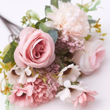 Load image into Gallery viewer, Mixed Artificial Silk Flower Bouquet - Rose, Dandelion, Daisy &amp; Foliage (Pink Sortbet)

