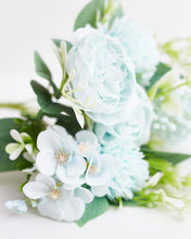 Load image into Gallery viewer, Silk Artificial Flower Bouquet - Philippine Roses, Peonies, Dandelion Flower Balls &amp; Foliage (Cool Blue)
