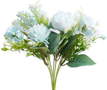 Load image into Gallery viewer, Silk Artificial Flower Bouquet - Philippine Roses, Peonies, Dandelion Flower Balls &amp; Foliage (Cool Blue)
