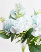 Load image into Gallery viewer, Silk Artificial Flower Bouquet - Philippine Roses, Peonies, Dandelion Flower Balls &amp; Foliage (Cool Blue)
