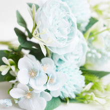 Load image into Gallery viewer, Silk Artificial Flower Bouquet - Philippine Roses, Peonies, Dandelion Flower Balls &amp; Foliage (Cool Blue)
