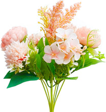 Load image into Gallery viewer, Silk Artificial Flower Bouquet - Philippine Roses, Peonies, Dandelion Flower Balls &amp; Foliage (Coral Pink)
