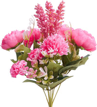 Load image into Gallery viewer, Silk Artificial Flower Bouquet - Philippine Roses, Peonies, Dandelion Flower Balls &amp; Foliage (Hot Pink)
