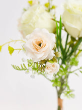 Load image into Gallery viewer, Artificial Silk Rose &amp; Foliage Bouquet (Pale Lemon &amp; Soft Peach)
