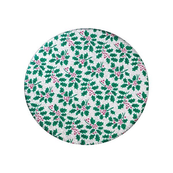 Round Christmas Holly Silver Cake Board (3mm)