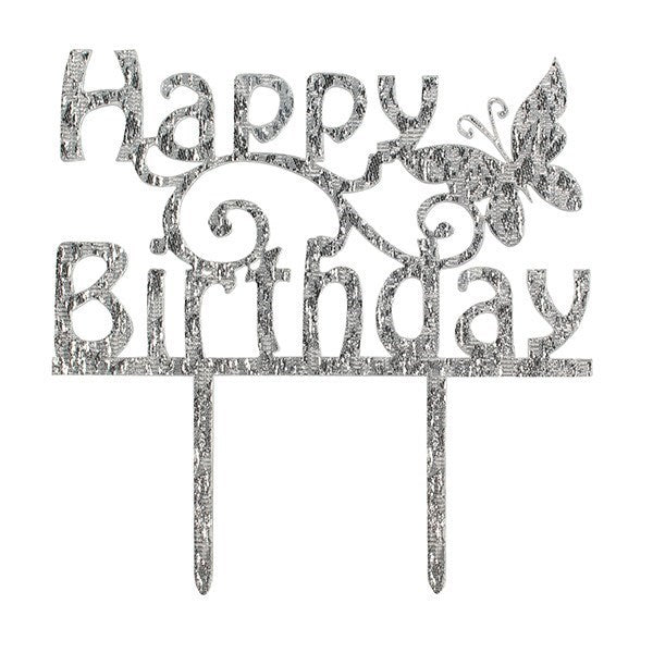 Silver Butterfly Happy Birthday Cake Topper