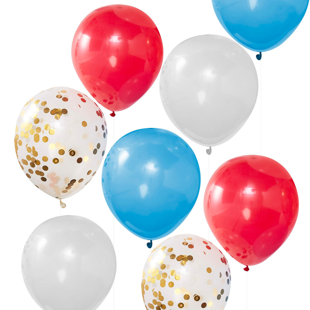 Red, White, Blue & Gold Confetti Balloons